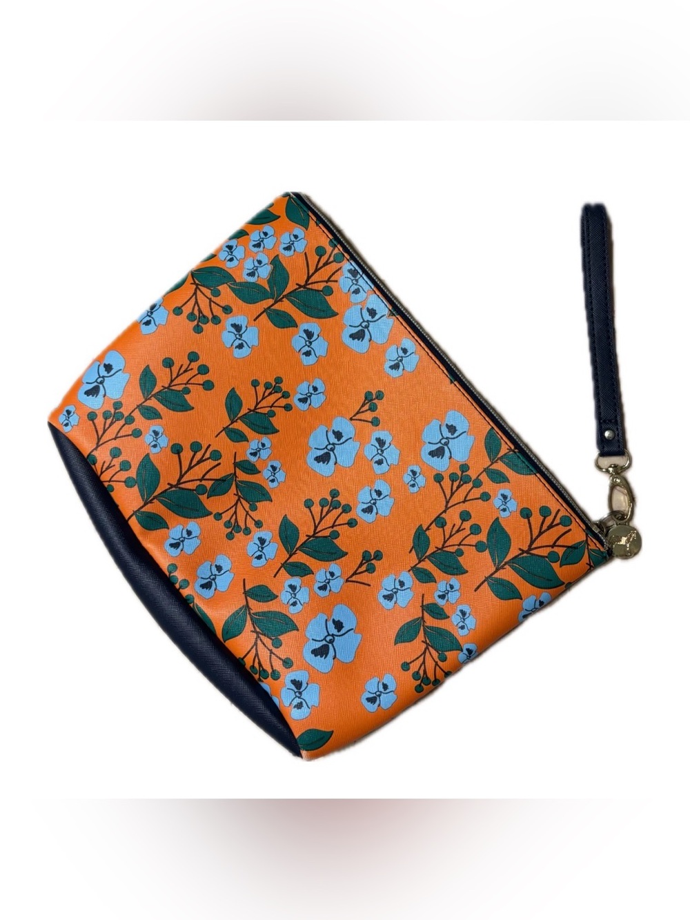 Dabney Lee Blue Floral Orange Zip Cosmetic Pouch